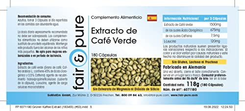 Fair & Pure® - Extracto de Café Verde 500mg - Vegano y natural - 45% de ácido clorogénico - Alta pureza - 180 Cápsulas