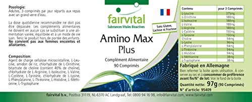 Fairvital | Amino Max Plus - complejo de aminoácidos - vegetariano - 90 Comprimidos - contiene 13 aminoácidos esenciales - Calidad Alemana