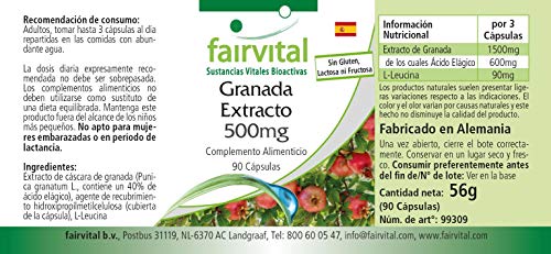 Fairvital | Extracto de Granada 500mg - VEGANO - Dosis elevada - 40% de Ácido elágico - 90 Cápsulas - Calidad Alemana