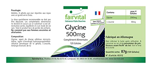 Fairvital | Glicina 500mg - VEGANA - Dosis elevada - Aminoácido - 120 Cápsulas - Calidad Alemana