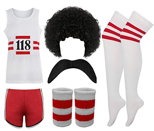 FAIRY BOUTIQUE 118 Disfraz de chaleco + pantalones cortos + peluca + tash + calcetines + banda de muñeca conjunto de maratón retro