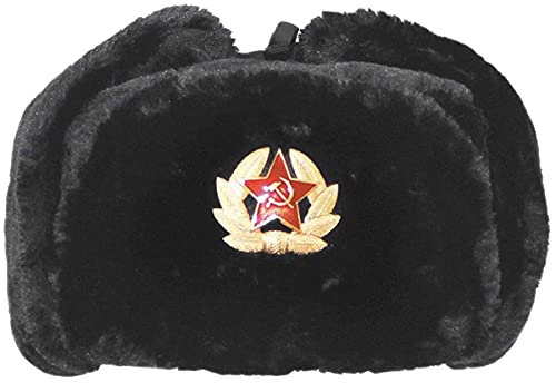 FAIRY TRENDZ LTD Sombrero de trampero ruso con insignia de piel sintética Ushanka cosaco Flaps sombrero cálido invierno sombrero, Negro, Talla única