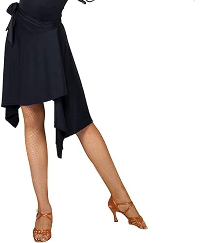 Falda de baile de salsa latina para mujer, falda de patinaje, falda envolvente de cadera, suave, irregular, para sala de baile, tango, baile, sala de baile, cha, Negro -, M-XXL
