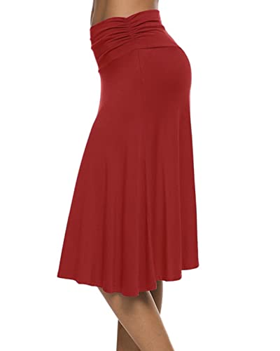 Falda Elegante Elástica hasta la Rodilla Falda Color Sólido Cintura Alta Midi Falda para Mujer (S, Rojo Viscosa)