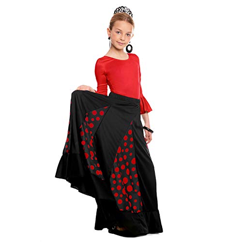 Falda Flamenca Niña Negra con Quillas Lunares Rojos [Tallas Infantiles 2 a 12 años]【Talla 8 años】 Ensayo Baile Danza Disfraz