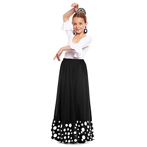 Falda Flamenca Niña Negra Lunares Blancos Volante Doble Negro [Tallas Infantiles 2 a 12 años]【Talla 8 años】 Ensayo Baile Danza Disfraz