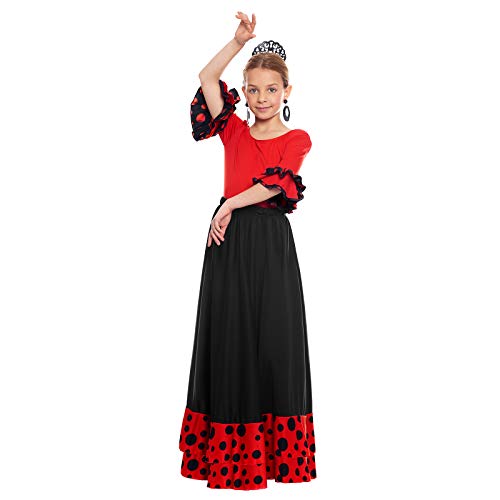 Falda Flamenca Niña Negra Lunares Negros Volante Doble Rojo [Tallas Infantiles 2 a 12 años]【Talla 4 años】 Ensayo Baile Danza Disfraz