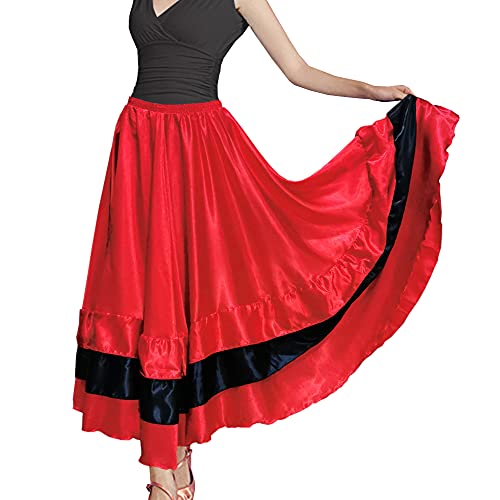 Falda larga de satén con capas negras y rojas para mujer para flamenco español, danza del vientre, gitana, México, ballet, folclorico, actuación, Tema Rojo
