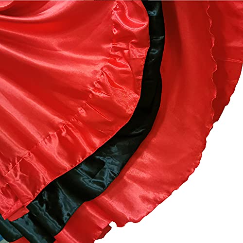 Falda larga de satén con capas negras y rojas para mujer para flamenco español, danza del vientre, gitana, México, ballet, folclorico, actuación, Tema Rojo