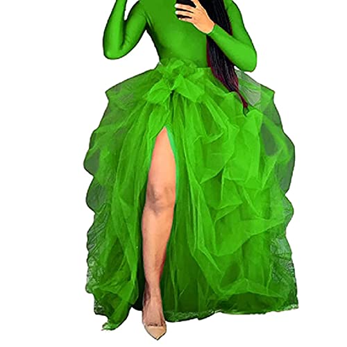Falda larga de tutú de tul para mujer, medio vestido de cintura alta, falda maxi de malla abullonada, falda de princesa dividida frontal, verde, Talla única