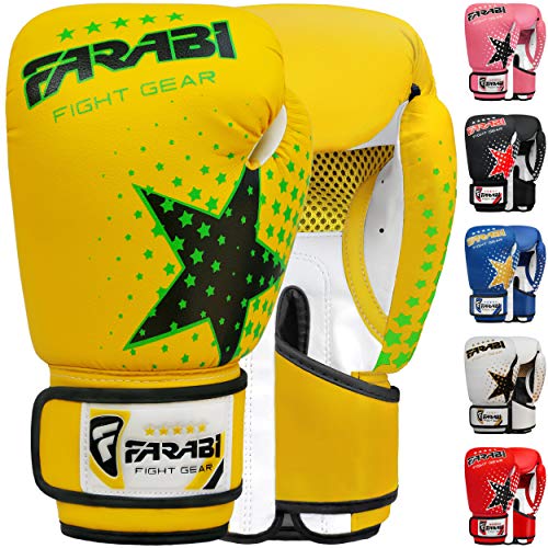 Farabi Sports guantes boxeo niño Niños y niñas guantes boxeo 6-oz Youth, Junior guantes de boxeo niño para MMA, Muay Thai, saco de boxeo y entrenamiento para edades de 5 a 10 años (Yellow, 6-oz)