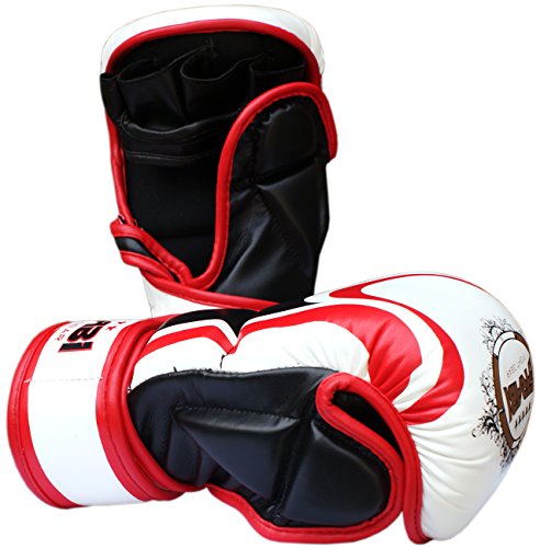 Farabi Sports Hybrid Semi Pro MMA Guantes de Entrenamiento 7oz Grappling Sparring Guantes (White/Red, L/XL)