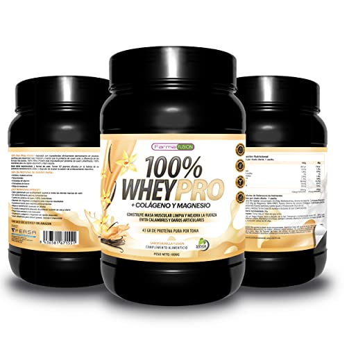 Farmafusion 100% Whey Protein con Colágeno y Magnesio, 43 gramos de Proteína pura Por Toma, 0% Azúcares, Vainilla, 1000 g