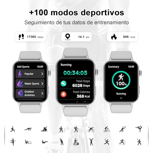 FeipuQu Smartwatch Hombre Mujer, Haga y Responder Llamadas con Asistente de Voz, Oxímetro (SpO2), Monitor de Sueño, Pantalla 1,85 Pulgada Smartwatch Compatible con Teléfonos Android e iOS (2 Correas)