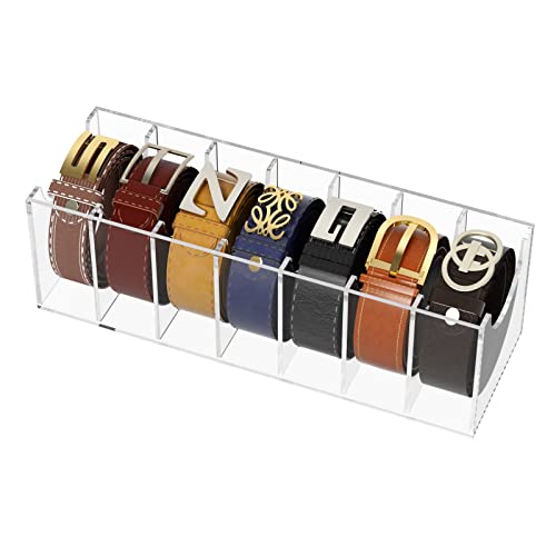 FEMELI Organizador de cinturón, soporte de almacenamiento de acrílico para 7 compartimentos, estuche de exhibición de cinturón transparente para corbata de armario y pajarita