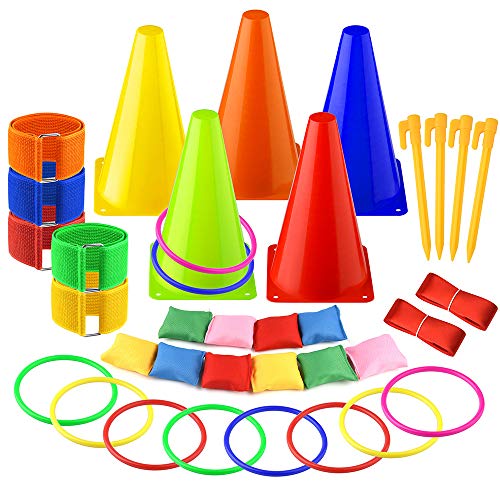 FEPITO Juego Combinado de Juegos, Multicolor, al Aire Libre de Pascua 6 en 1 Carnival Cornhole Bean Bags Ring Toss Game Supplies 36 Pcs Set