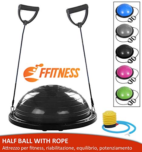 FFITNESS FMYBB70N Balance Ball Trainer con elásticos | Pelota (Ø 60 cm) para fitness Yoga Pilates Entrenamiento Rehabilitación | ABS y PVC Anti-Parque (Negro)