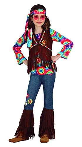 FIESTAS GUIRCA Disfraz de Niña Happy Hippie - Atuendo Infantil Años 70 con Cinta Cabeza Hippie, Camiseta Multicolor de Tie-Dye, Chaleco y Pantalón para Niñas de 7-9 Años