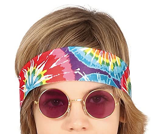 FIESTAS GUIRCA Disfraz de Niño Hippie - Atuendo Infantil Años 70 con Cinta Cabeza Hippie, Camiseta Multicolor de Tie-Dye, Chaleco y Pantalón para Niños de 7-9 Años