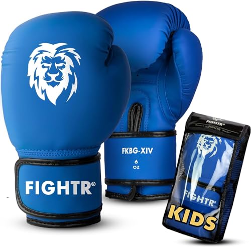FIGHTR® Guantes de boxeo para niños con el mejor ajuste para la máxima protección, para boxeo, MMA, Muay Thai, kickboxing y artes marciales de 04 06 oz, incluye bolsa de transporte (azul, 06 oz)