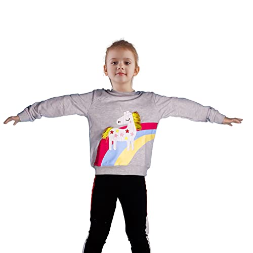 FILOWA Sudadera Niñas sin Capucha Caballo Unicornio Arcoíris Dibujos Camiseta Manga Larga Algodon Cuello Redondo Casual Top Jersey para Infantil Niña 6-7 años,Gris