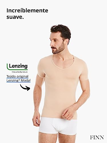 FINN Camisetas Hombre Manga Corta Cuello Pico - Ropa Interior en Tejido Lenzing® Modal Invisible Color Piel Nude M