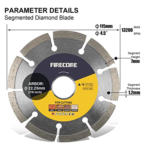 Firecore Disco Diamante 115 mm,Disco de corte de diamante, corte húmedo y seco,para cortar hormigón, piedra, ladrillo y otros materiales duros