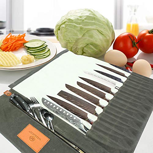 FIREDOG Bolsa enrollable para cuchillos de chef (10 bolsillos), funda de transporte de cuchillos de lona encerada con asa y (cuchillos no incluidos)