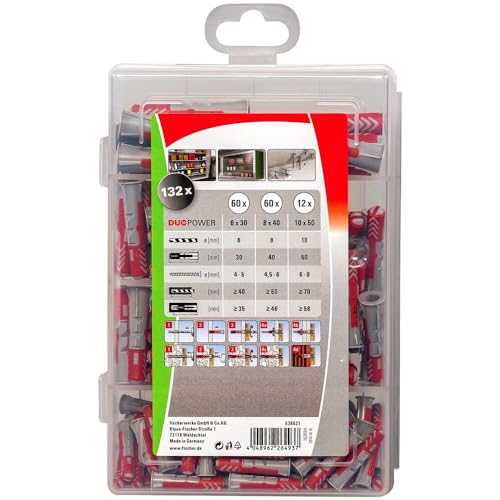 fischer - Caja tacos Duopower para pared, para pladur, hormigón y ladrillo, Color Rojo, 132 unidades