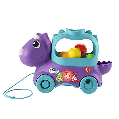 Fisher-Price Dinosaurio de juguete de arrastre con bolas, luces y sonidos, para bebés +1 año, versión español + portugués + italiano + inglés (HNR52)