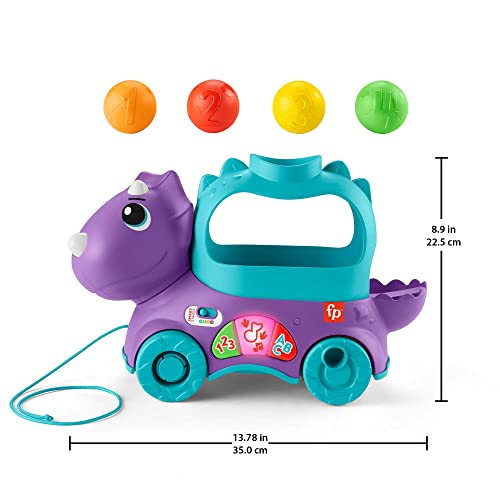 Fisher-Price Dinosaurio de juguete de arrastre con bolas, luces y sonidos, para bebés +1 año, versión español + portugués + italiano + inglés (HNR52)