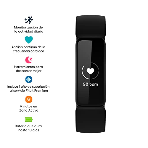 Fitbit Inspire 2 - Pulsera de salud y actividad física con ritmo cardiaco continuo, 1 año del servicio Fitbit Premium incluido y 10 días de batería, Negro