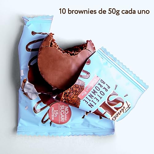 FitnesSHOCK Brownie de chocolate Galleta proteica Postre sin azúcares añadidos, con un 15% de proteínas, bajas calorías, fibra saciante, textura suave, 10x50g - Sabor a Coco