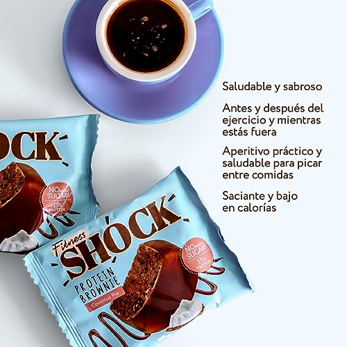 FitnesSHOCK Brownie de chocolate Galleta proteica Postre sin azúcares añadidos, con un 15% de proteínas, bajas calorías, fibra saciante, textura suave, 10x50g - Sabor a Coco