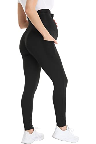FITTOO Leggings de premamá de cintura alta para mujer, pantalones de yoga largos para embarazadas, con bolsillos, Negro , XL