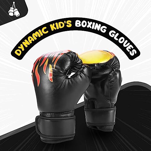 Flexzion Guantes de Boxeo para niño de 3 a 8 años, Guantes de Entrenamiento 4 onzas con Soporte Envolvente para UFC, Sparring, Kickboxing, Equipo de Ejercicio para niños, Negro con Llamas