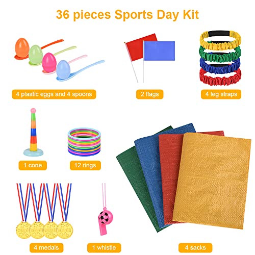 Flintronic 36PCS Sports Day Kit, Juegos de Carreras de Sacos al Aire Libre- Huevo y Cuchara, Lanzamiento de Anillos, Medalla y Silbatos, Juegos para Exteriores Deportivos para Niños