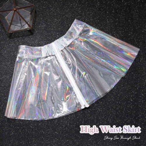 Flovel Falda Acampanada de Mujer con Pliegues Faldas Brillantes de Cintura Alta Mini Falda Nightclub Rave Party Glitter Skirt para Mujeres y niñas(M)