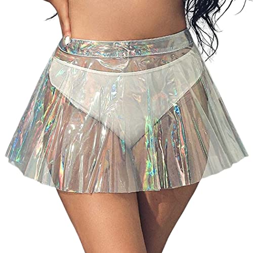 Flovel Falda Acampanada de Mujer con Pliegues Faldas Brillantes de Cintura Alta Mini Falda Nightclub Rave Party Glitter Skirt para Mujeres y niñas(M)