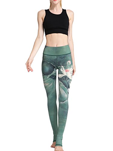 FLYILY Pantalón Deportivo de Mujer,Yoga de Cintura Alta,elásticos y Transpirables para Mujer,Impresión de Fitness Gym Yoga Pantalon(Green,S)