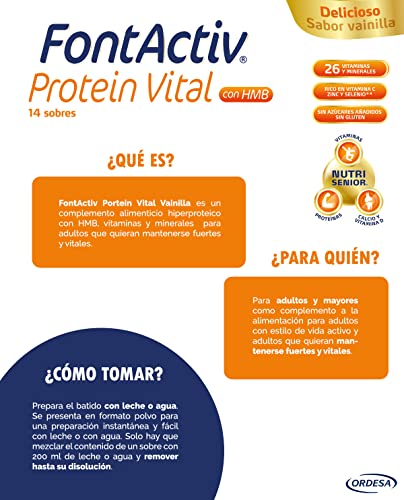 FontActiv Protein Vital Vainilla- Complemento Alimenticio con Proteínas, HMB, Vitaminas y Minerales para Adultos- 14 sobres x 30 gr