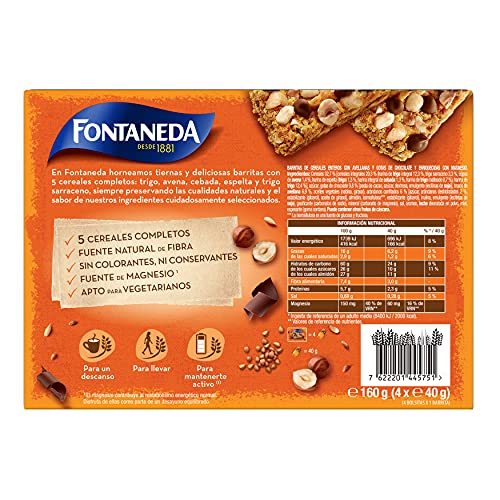 Fontaneda Barritas de 5 Cereales Completos con Avellanas y Pepitas de Chocolate, Sin Colorantes Ni Conservantes, Fuente natural de Fibra y Magnesio 160g