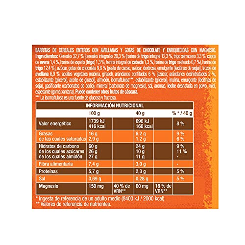Fontaneda Barritas de 5 Cereales Completos con Avellanas y Pepitas de Chocolate, Sin Colorantes Ni Conservantes, Fuente natural de Fibra y Magnesio 160g