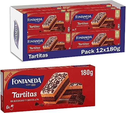 Fontaneda Tartitas Bizcochos de Vainilla y Chocolate Rellenos de Crema de Chocolate y Virutas de Cacao 180g - Pack de 12