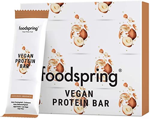foodspring Barrita Proteica Vegana, 12 x 60g, Avellanas y Amaranto, tu snack proteico vegano con proteína 100% vegetal