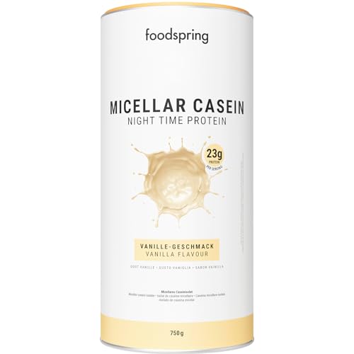foodspring Caseina micelar para la recuperación nocturna - Proteinas de caseina en polvo para el crecimiento muscular - 23g de proteína por batido de caseina sin azúcar (750g | Vainilla)