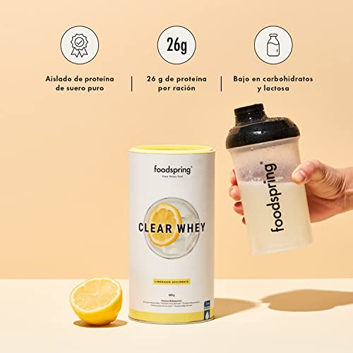 foodspring Clear Whey, limonada, 480 g, batido de proteínas ligero y refrescante con aislado de suero