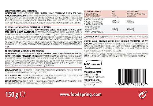 foodspring Creatina en polvo, 150g, monohidrato de creatina puro para el crecimiento muscular, la fuerza y la resistencia, Made in Germany