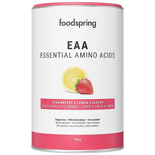 foodspring EAA Aminoácidos Esenciales en Polvo con Electrolitos para el desarrollo muscular - sin azúcar (420g | 30 porciones | 1 cuchara dosificadora = 14g | Fresa y Limón)