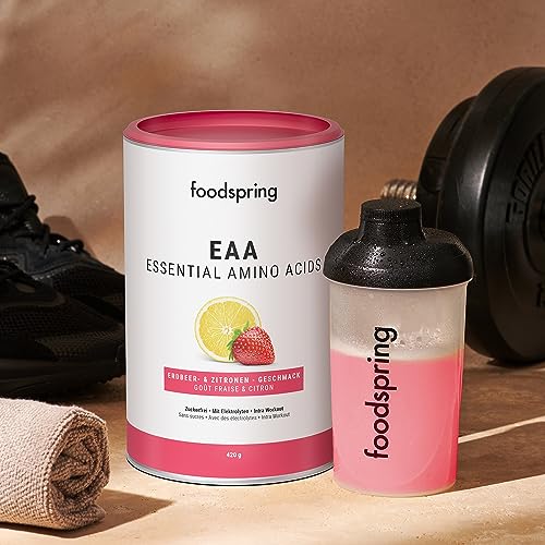 foodspring EAA Aminoácidos Esenciales en Polvo con Electrolitos para el desarrollo muscular - sin azúcar (420g | 30 porciones | 1 cuchara dosificadora = 14g | Fresa y Limón)